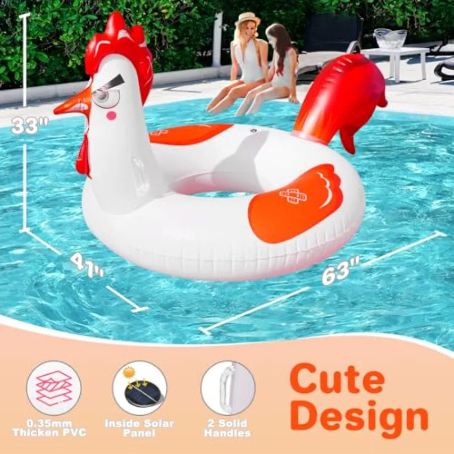 Inflatable Pool Floats with Lights, 63" Chicken Pool Floaties with Solar Powered RGB Color Changing, Large Animal Pool Floats A