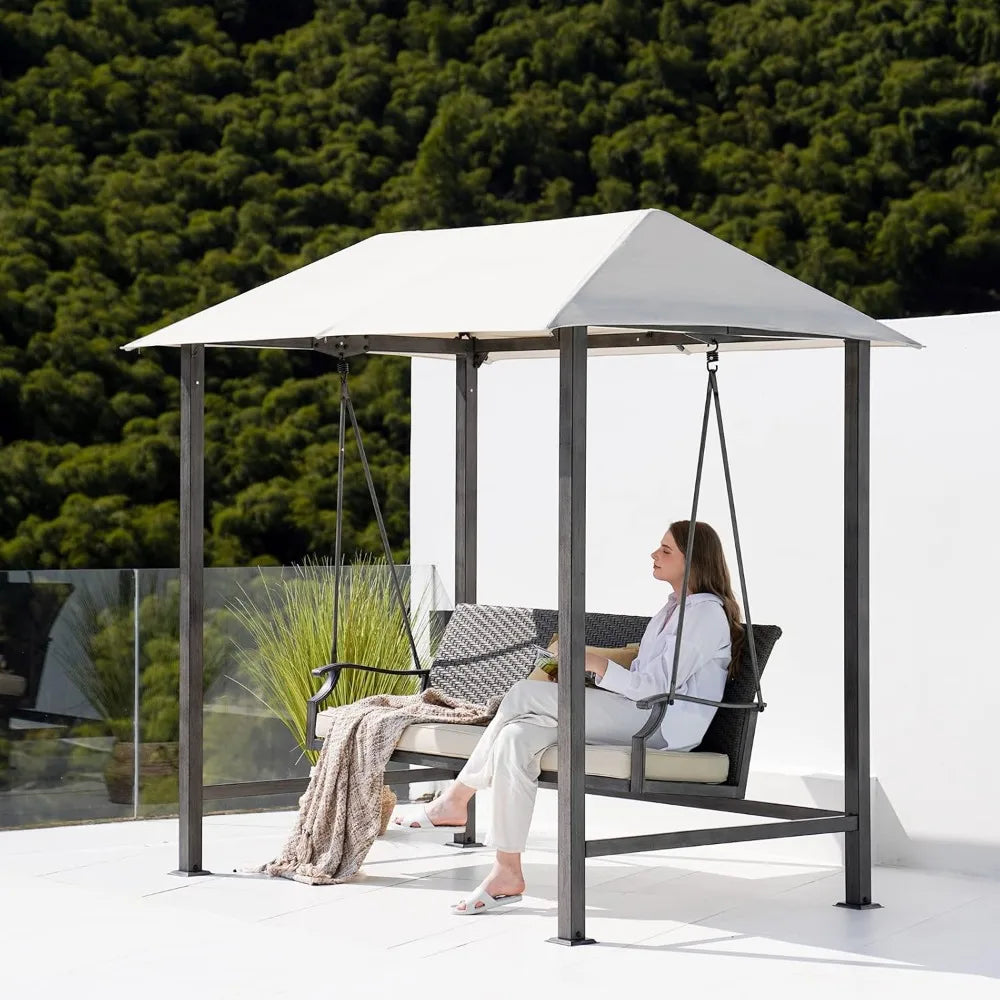 Grand Patio 3-Seat Patio Swing Chair, Outdoor Porch Swing with Canopy, Removable Cushion for Patio Garden Poolside, Beige