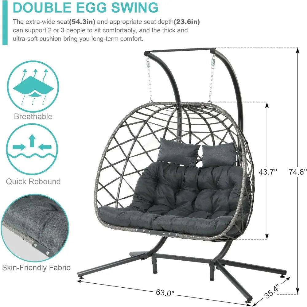 Double Egg Swing Chair with Stand, 2 Person Outdoor Indoor Hammock Hanging with Cushion for Patio Living Room 550 LBS