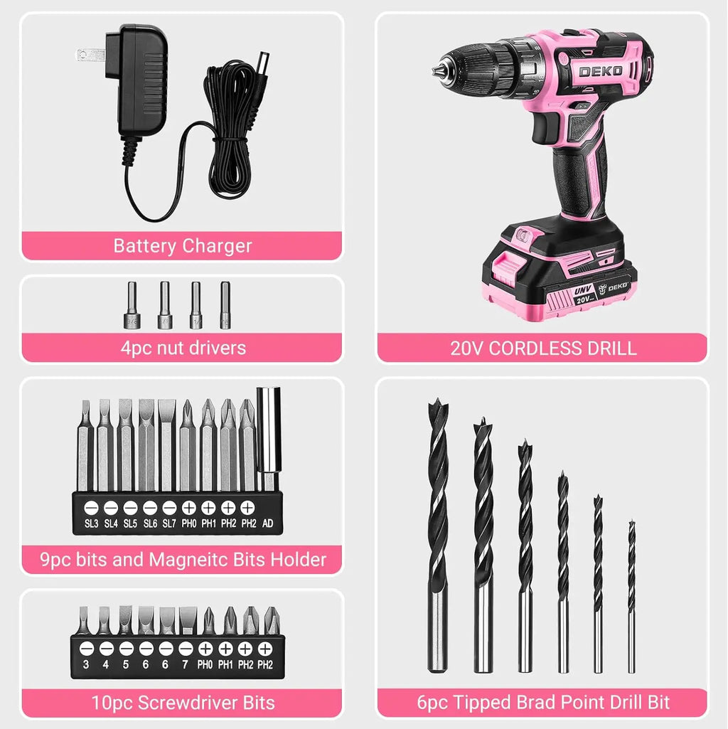 20 Volt Power Drill, Cordless, Tool Set for Women, With Bits, Battery And Charger