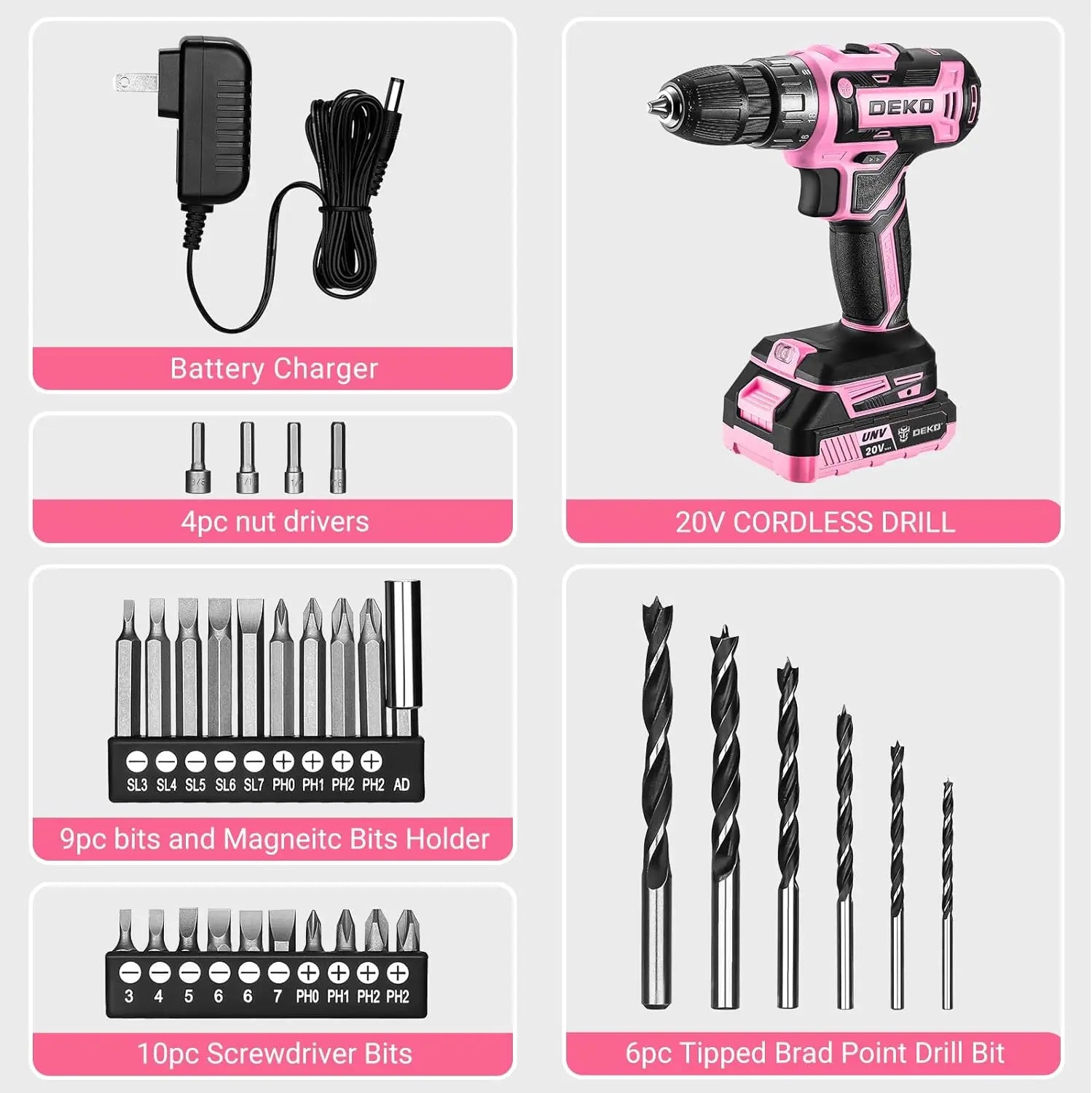 20 Volt Power Drill, Cordless, Tool Set for Women, With Bits, Battery And Charger