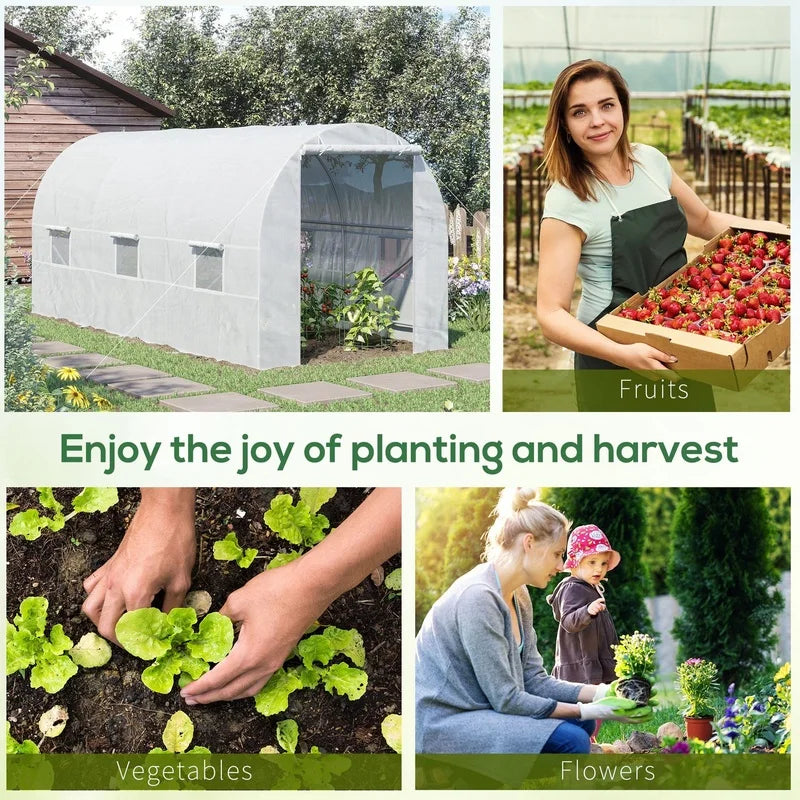 Outsunny 15' x 7' Walk-In Tunnel Greenhouse Kit with 6 Roll-Up Windows, Roll-Up Door, Steel Frame, White