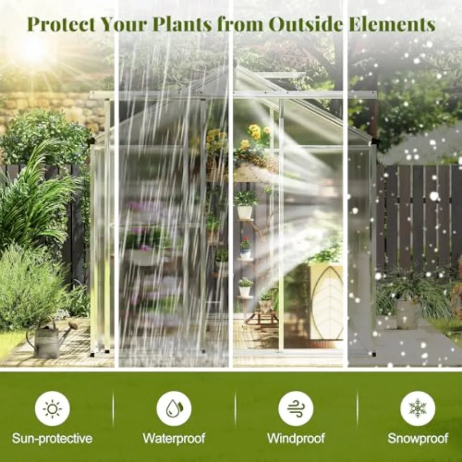 Greenhouse, 6 x 8 x 6.5FT Outdoor Polycarbonate Greenhouse w/ Sliding Door, Adjustable Roof Vent, Rain Gutter, Heavy-Duty Aluminum