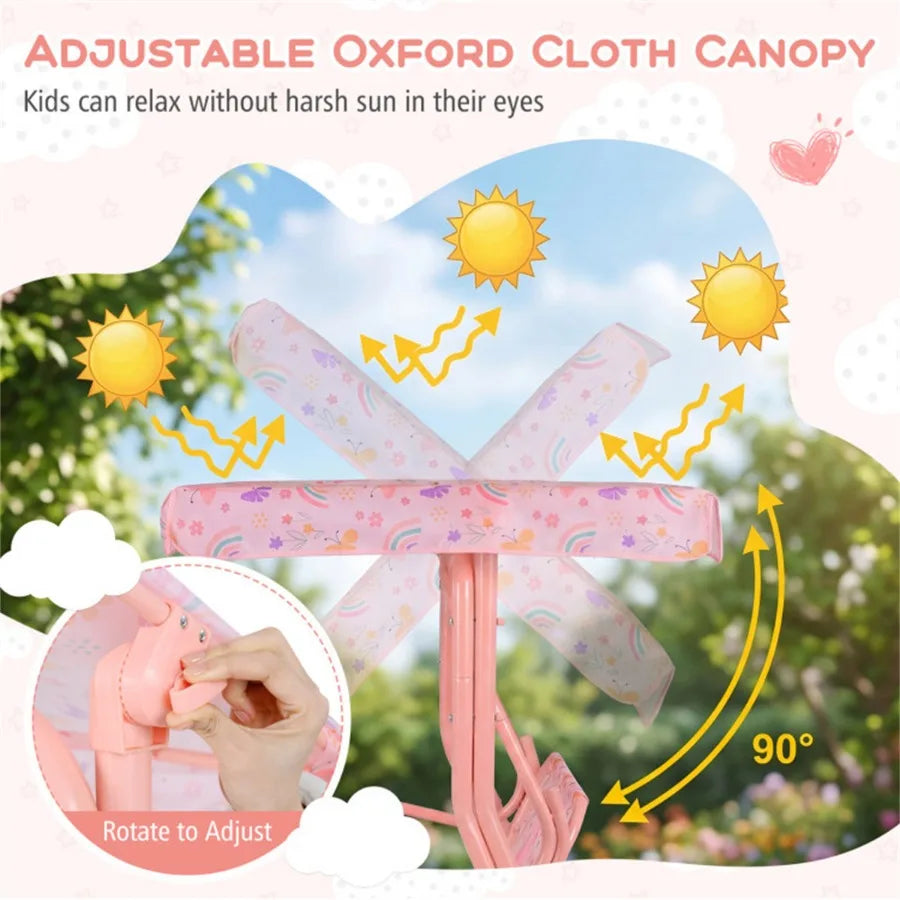 2-Seater Patio Swing with Adjustable Canopy and Safety Belts, Outdoor Toddler Swing Bench - PINK