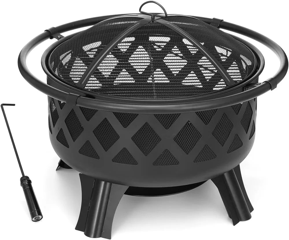 30 Inch Fire Pit with Swivel, BBQ Grill, Wood Burning Steel Firepit, for Patio Garden Camping