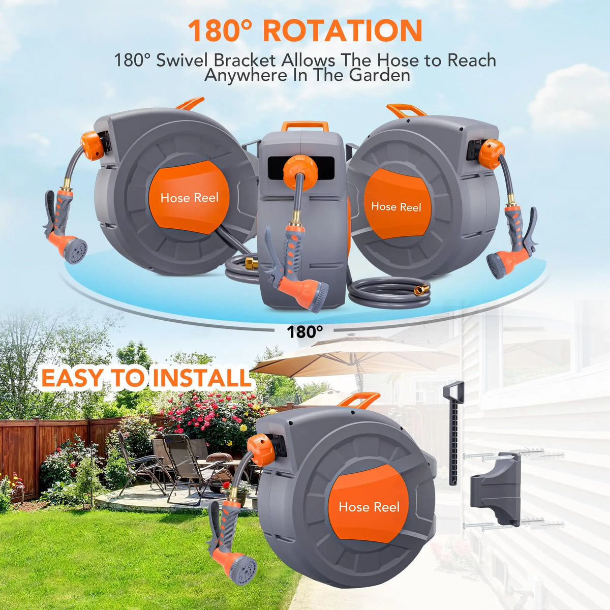 HiMiss Wall Mounted Retractable Garden Hose Reel, 1/2 in X 72/100 ft, Auto Slow Rewind, 180° Swivel, 9-Function Nozzle, Any Length Lock