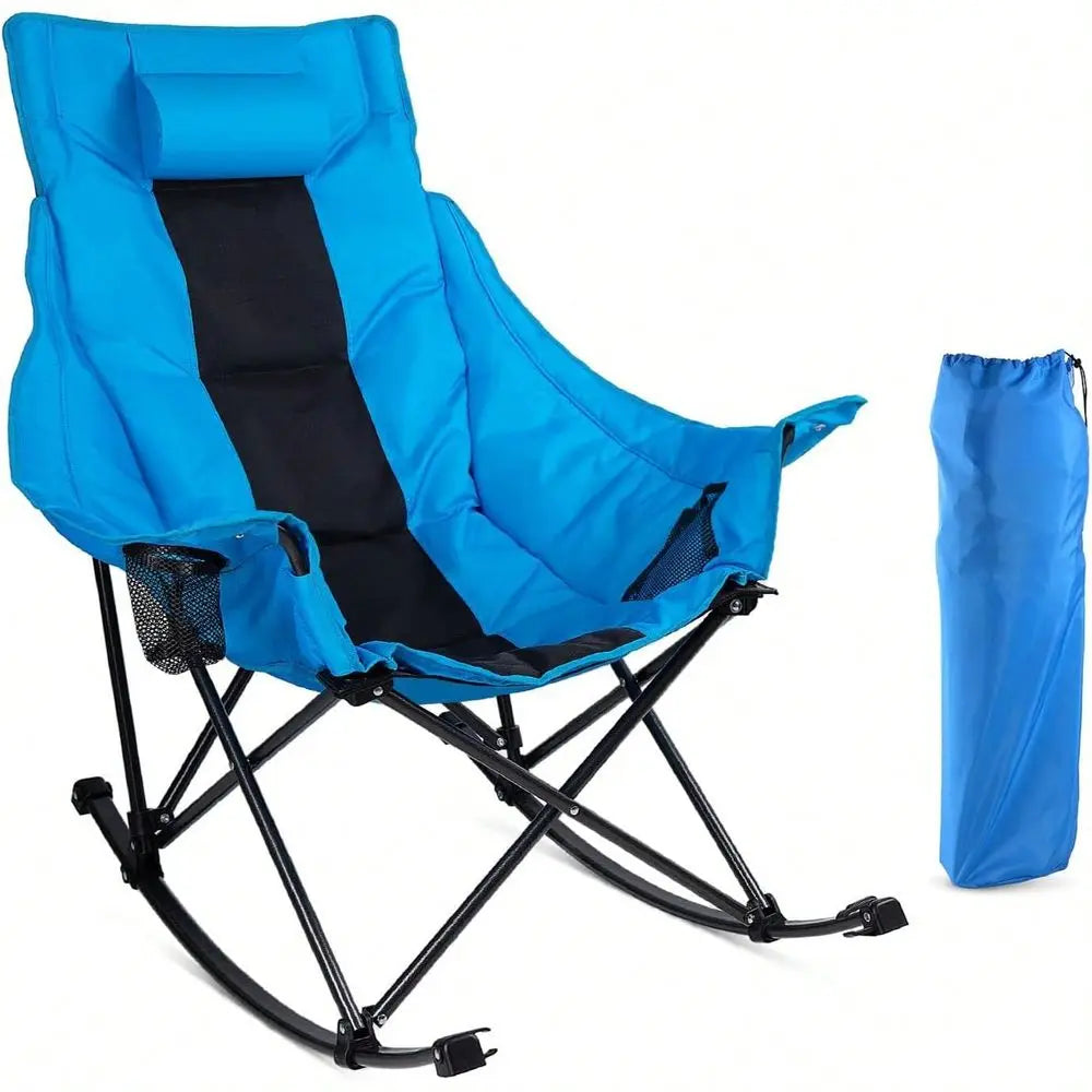 Folding Rocking Camping Chair For Adults Portable Oversized Heavy-Duty Design With Built-in Cup Holder, Cooler Bag Side Pocket
