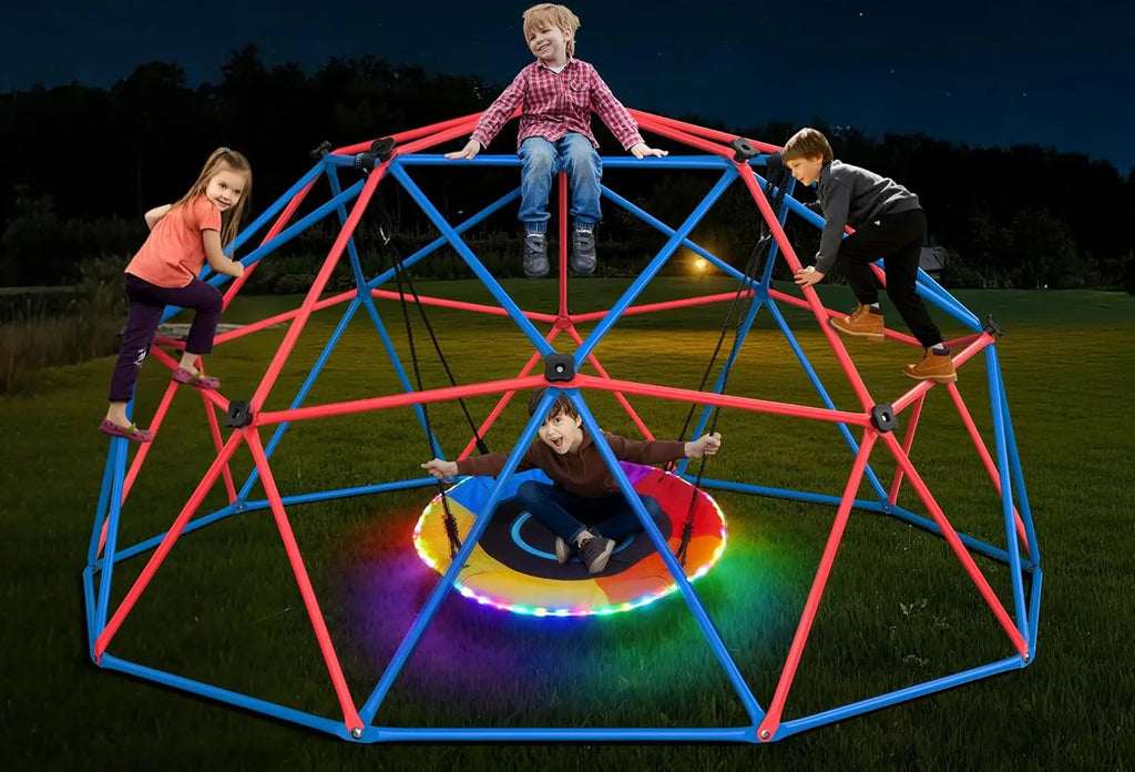 Hapfan Climbing Dome Swing Set with LED Saucer Swing, Jungle Gym for Kids Outdoor Backyard, Supports 800lbs, Easy Asssembly, Rus