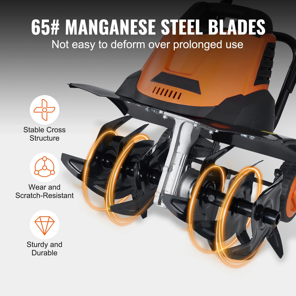 12 Amp Tiller, 18" Tilling Width, 3.94" Tilling Depth, Corded Electric, Steel Tines