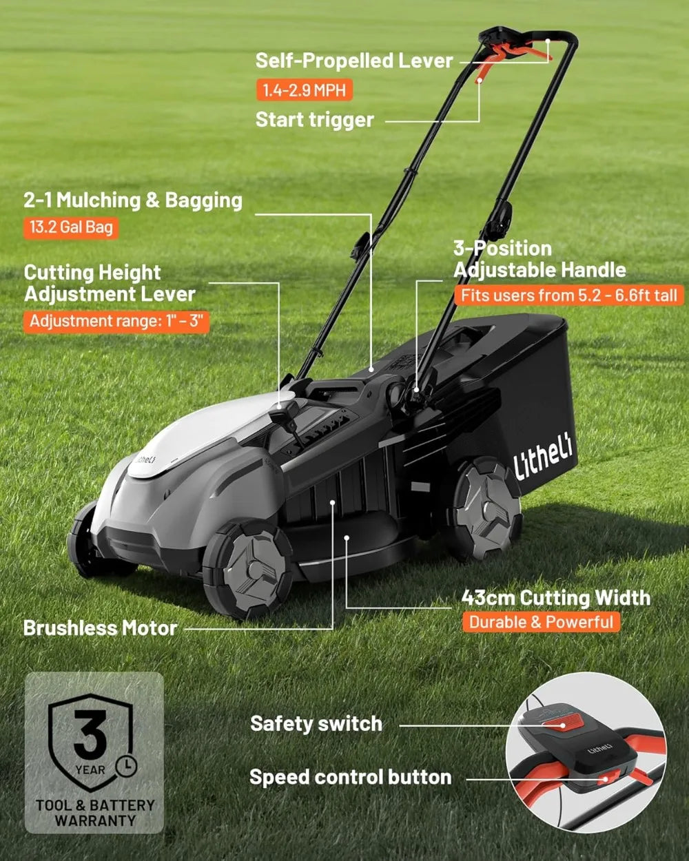 Self-Propelled 18-Inch Cordless Lawn Mower, 40V Brushless Motor, 6-Height Adjustment, 2×5.0Ah Batteries Included