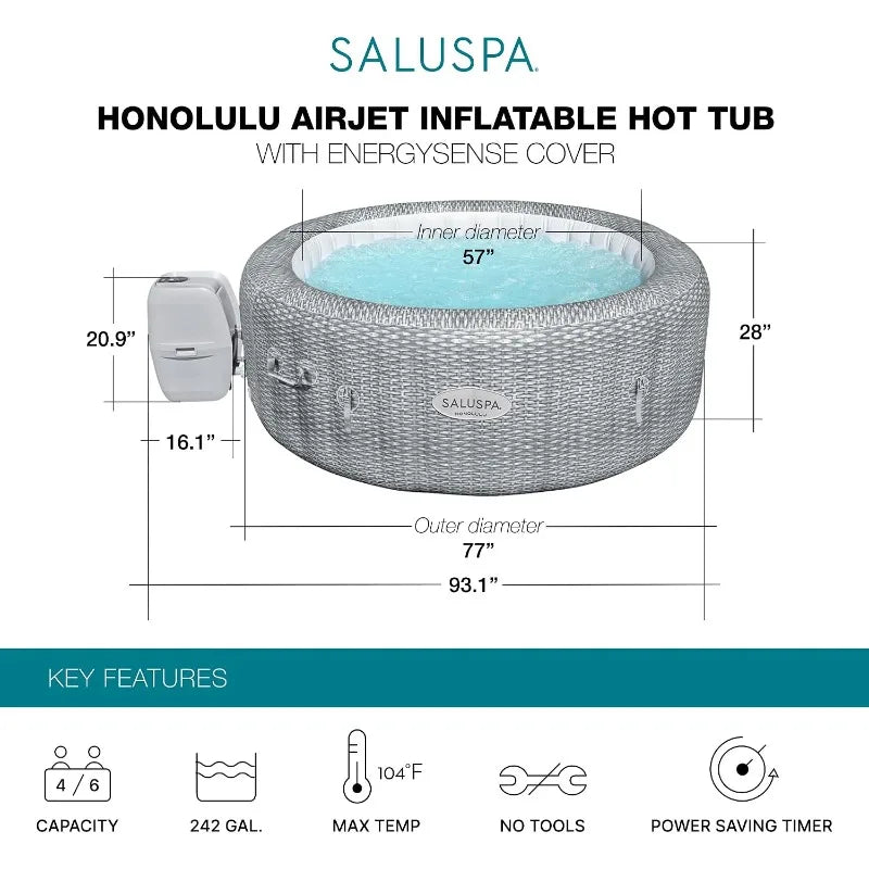Bestway SaluSpa Honolulu 4-to-6 Person Inflatable Hot Tub, Round Energy-Efficient Portable Outdoor Spa with 140 Air Jets, 77" x 28"