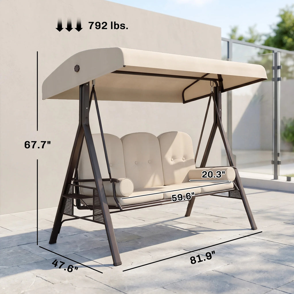 3-Person Outdoor Canopy Patio Cushioned Bench Porch Swing Seat, Beige