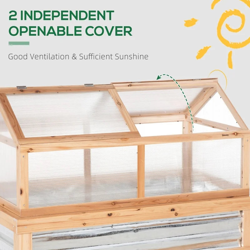 Outsunny 48" x 24" x 32" Wooden Raised Garden Bed with Polycarbonate Greenhouse and Cold Frame Cover, Natural Finish