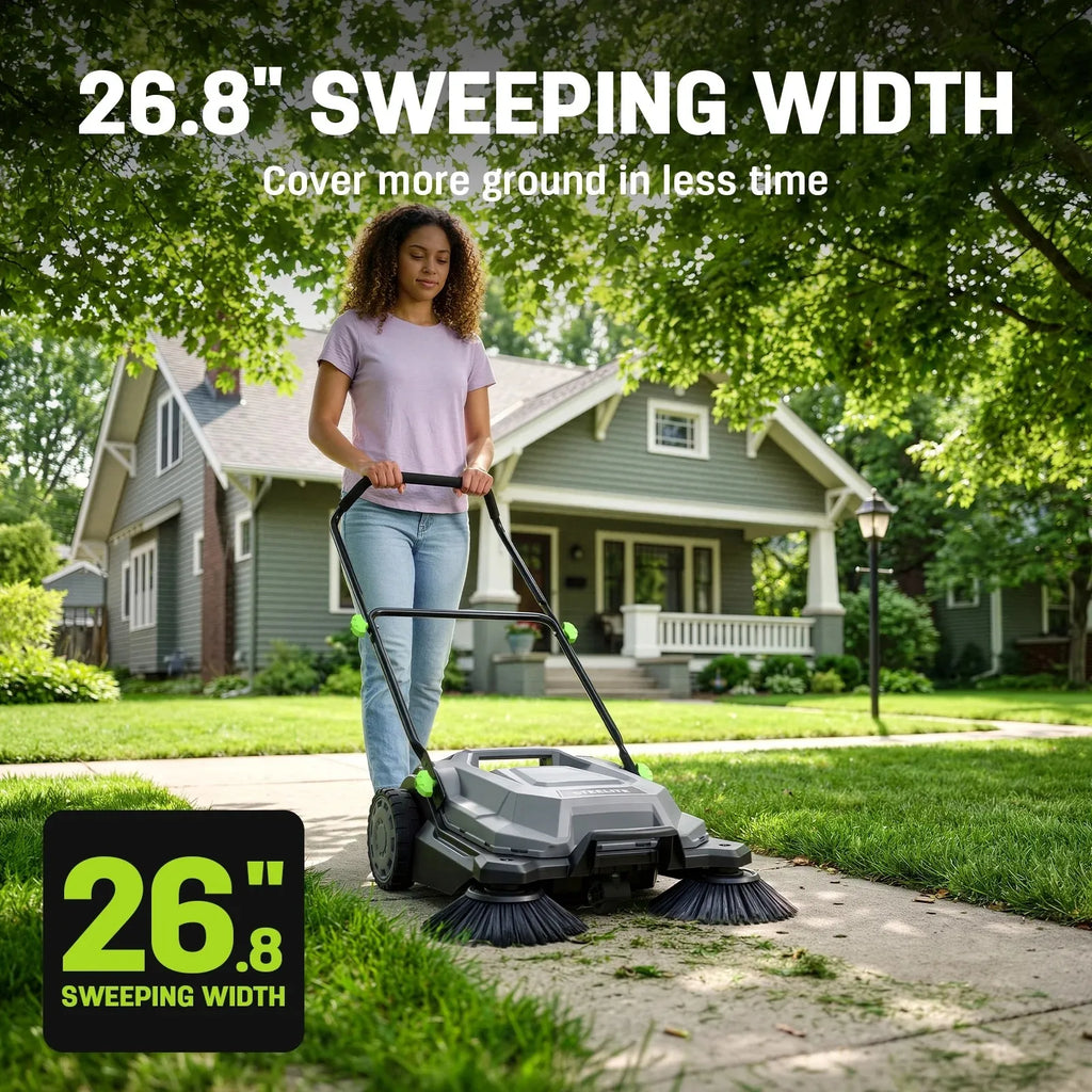 Deli AZDG934 Walk Behind Hand Push Floor Sweeper 26.8 Inch Manual Sweeper with 6.35 Gallon Waste Catcher, Folding Handle for Patio Walkway Yard