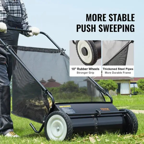 SucceBuy Push Lawn Sweeper, 26 Inch Leaf & Grass Collector, Strong Rubber Wheels & Heavy Duty Thickened Steel