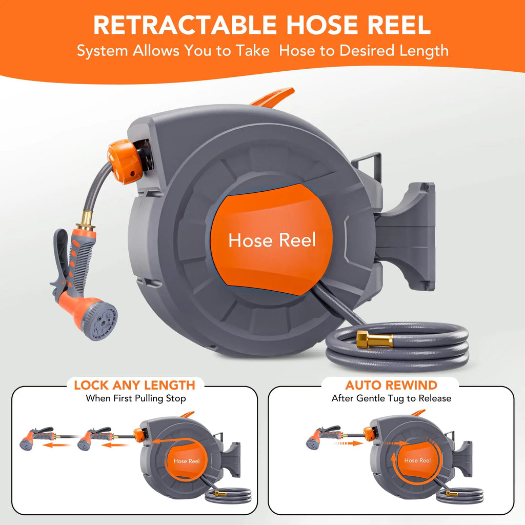 HiMiss Wall Mounted Retractable Garden Hose Reel, 1/2 in X 72/100 ft, Auto Slow Rewind, 180° Swivel, 9-Function Nozzle, Any Length Lock