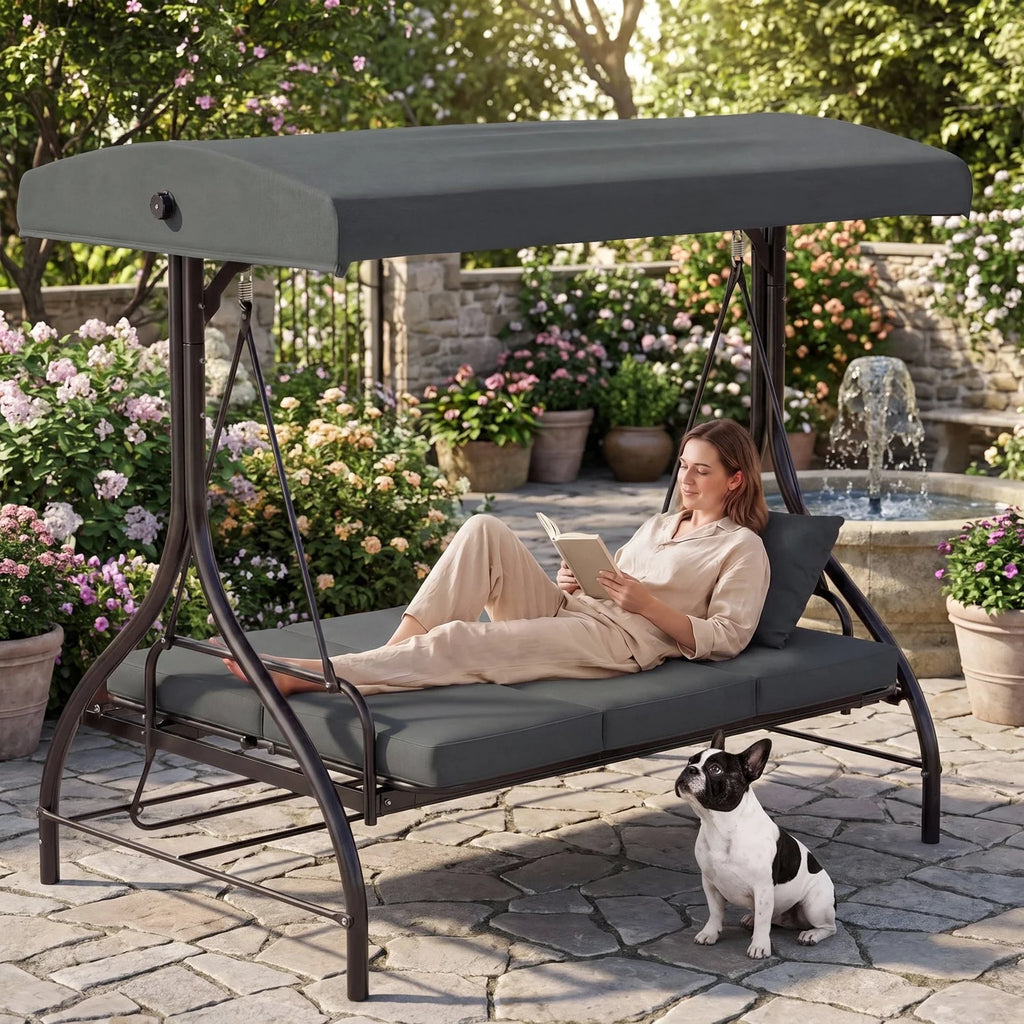 3-Seat Patio Swing with Adjustable Canopy & Backrest, Outdoor Porch Swing That Converts to Bed W/Thickened Removable Cushions & Up to 750LBS Capacity, For Porch, Backyard, Courtyard, Garden, Patio, Balcony, Poolside