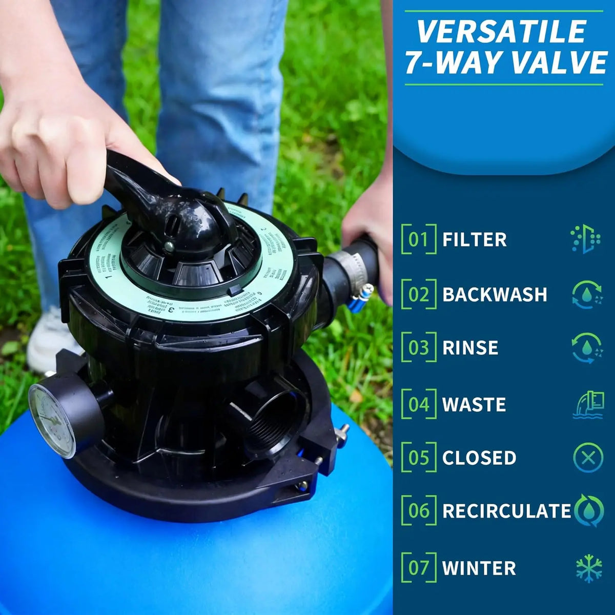 Foting Sand Filter Pump with Timer for Above Ground Pool, Pool Pump Above Ground with 7-Way Multi-Port Valve, Pool Sand Filter for High-Efficient Filtration & Circulation