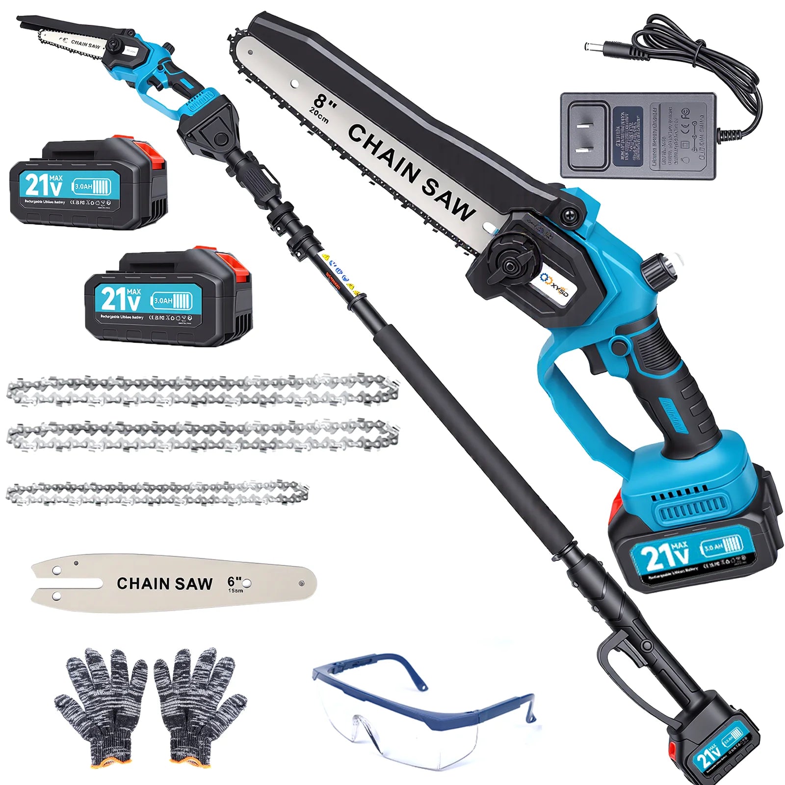 Cordless Pole Saw & Mini Chainsaw, 6" & 8" Electric Tree Trimmer with Extension Pole, Handheld Chain Saw for Branch Cutting