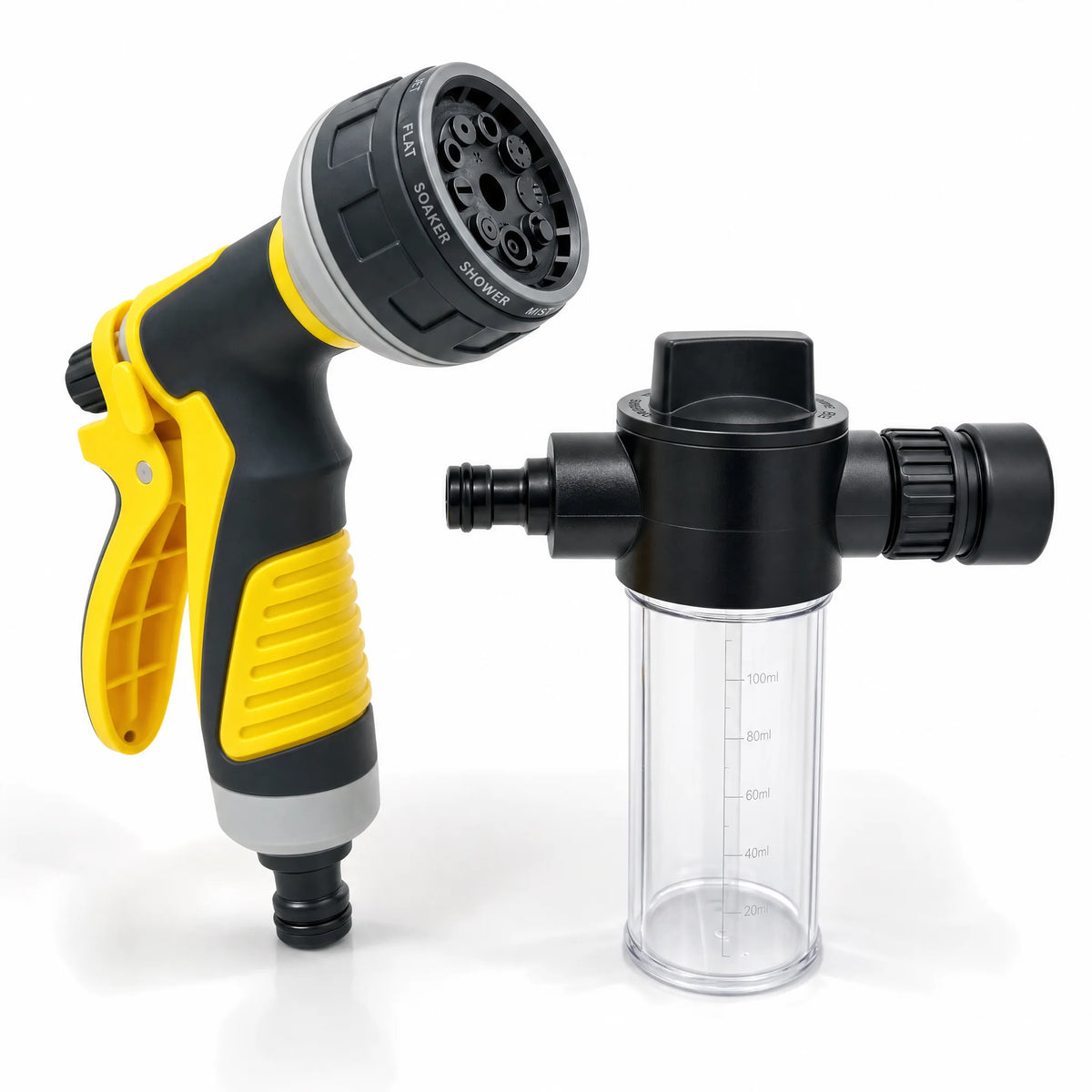 8 Spray Modes Garden Hose Spray Gun with Transparent Soap Dispenser Bottle, Adjustable High Pressure Water Nozzle, Anti-slip Handheld Water Sprayer for Car Washing, Pet Bathing, Garden Watering, 2 Colors Optional