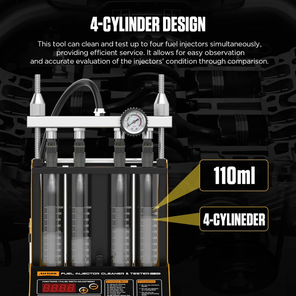 AUTOOL CT150 Ultrasonic Fuel Injector Cleaner & Tester Machine,4‑Cylinder Simultaneous Test & Clean,28KHz,110V with Drain Valve,for Petrol Car Motorcycle Fuel Injector Maintenance