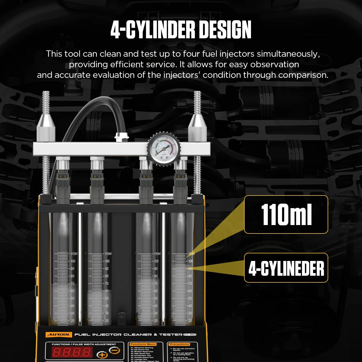 AUTOOL CT150 Ultrasonic Fuel Injector Cleaner & Tester Machine,4‑Cylinder Simultaneous Test & Clean,28KHz,110V with Drain Valve,for Petrol Car Motorcycle Fuel Injector Maintenance