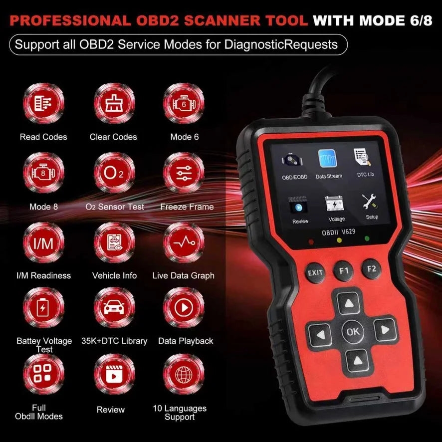 V629 OBD-II Car Fault Code Reader, 12V Gasoline Vehicle Scanner for DIY & Repair Shop, Read & Clear Engine Trouble Codes, View Live Data