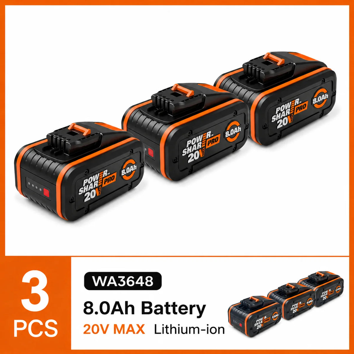 100% Original Worx 20V 8.0Ah Lithium Battery, Rechargeable WA3553 WA3551 WA3553.1 WA3570 for All WORX Electric and Garden Tools