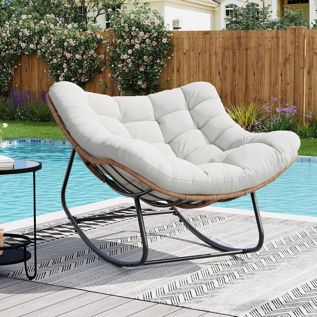 Oversized Outdoor Rocking Chair, Metal And PE Rattan Frame With Cushion, 400LBS Capacity Gentle 30 Degree Rocking Comfort, Ideal For Patio Garden Or Living Room
