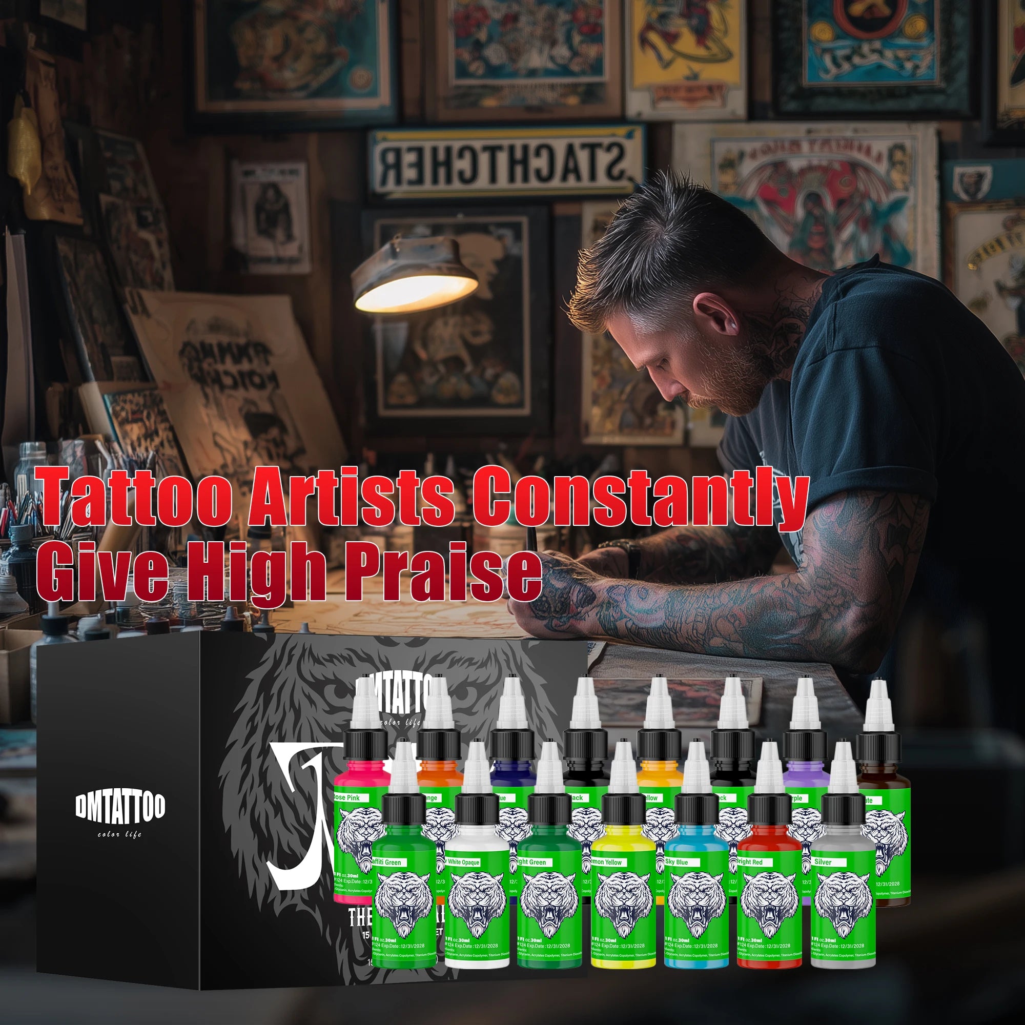 DM 30ml Tattoo Ink, 15 Colors, Natural Plant Extract Pigment Tattoo Paint, Long Lasting No Color Loss Professional Tattoo Ink