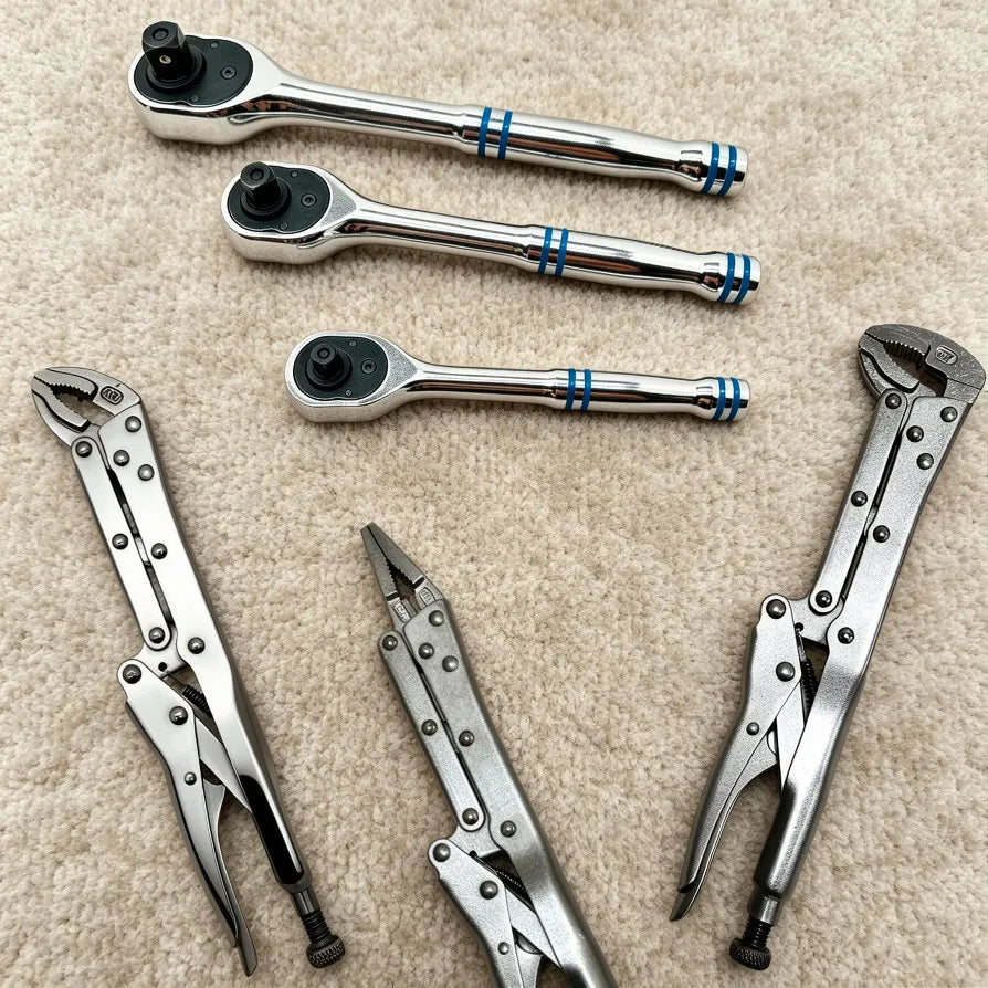 GOSWIFT 3 Pieces 1/2" 3/8" 1/4" 100-Tooth Quick-Release Ratchet-Wrench Set And 3 Pieces 12" Locking Pliers Set - Straight/45°/90° Angled Jaws for Hard-to-Reach Gripping & Clamping