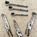 GOSWIFT 3 Pieces 1/2" 3/8" 1/4" 100-Tooth Quick-Release Ratchet-Wrench Set And 3 Pieces 12" Locking Pliers Set - Straight/45°/90° Angled Jaws for Hard-to-Reach Gripping & Clamping