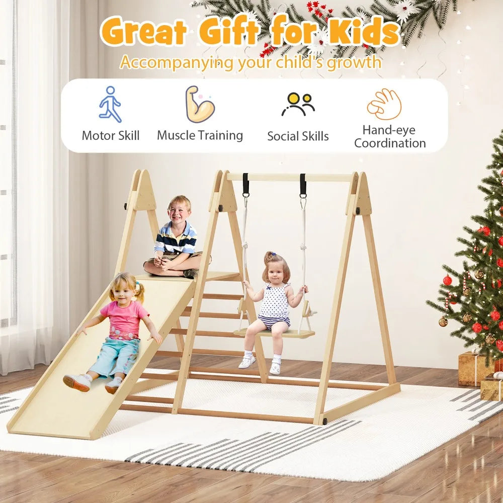 Indoor Playground w/ Slide Climbing Rock Adjustable Swing Wooden