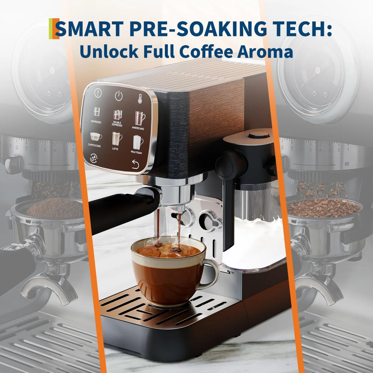 Acekool Espresso Machine 20 Bar, Compact Espresso Maker with Steam Milk Frother, Touchscreen Stainless Steel Coffee Machine with 45oz Removable Water Tank, Adjustable Temperature