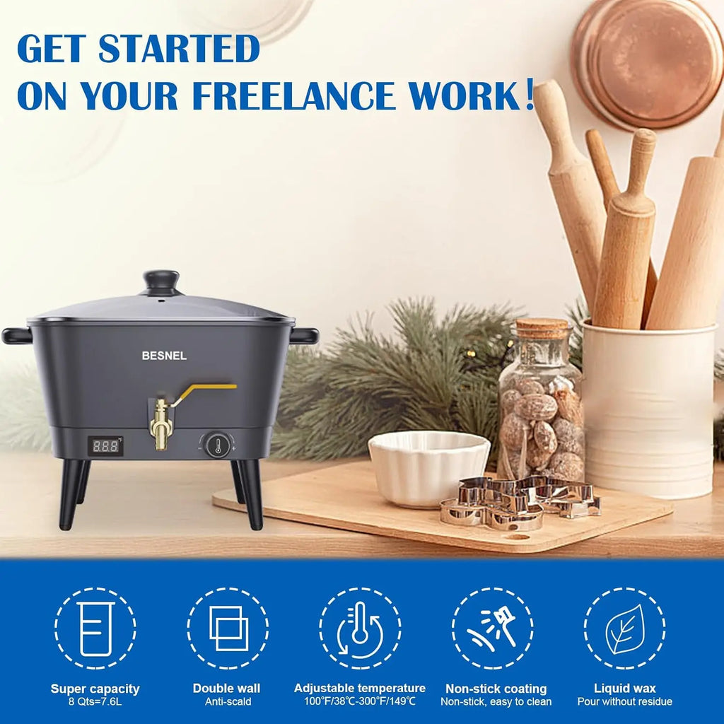 Besnel Wax Melter for Candle Making, Electric Non-Stick Wax Melter Holds 8Qts of Wax, Soy Wax for or Soap Business Candle Making with Heat Resistant Handle & Brass Spout, Temp Control (Black)