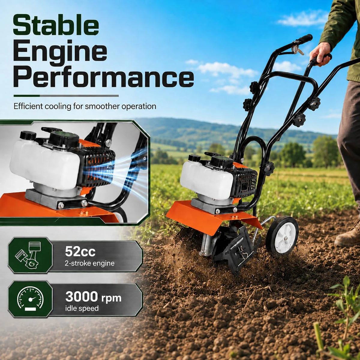 HiMiss 52CC Gas Garden Tiller Cultivator, 4 Tine Soil Rototiller With Adjustable Depth, 11.8in Width, Wheels For Lawn Field Flower Bed