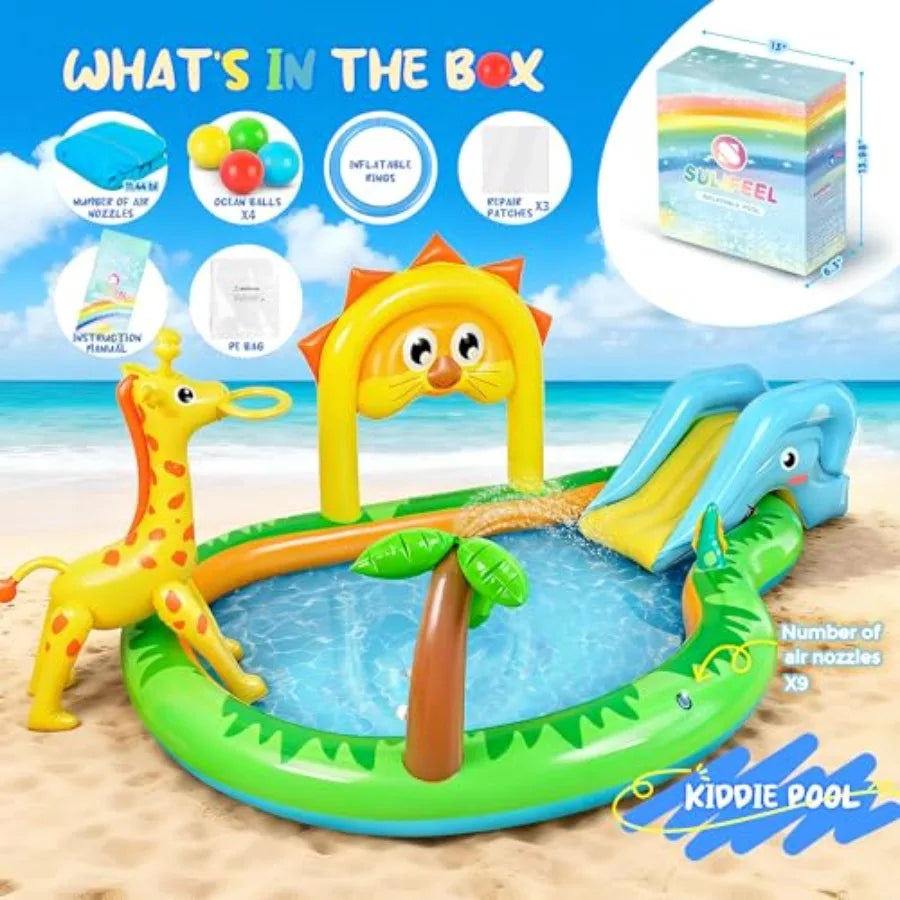 Sulifeel Zoo-Themed Inflatable Play Center Kiddie Pool with Slide and Sprinkler for Backyard and Garden Use PVC Material Blue, Green, Yellow