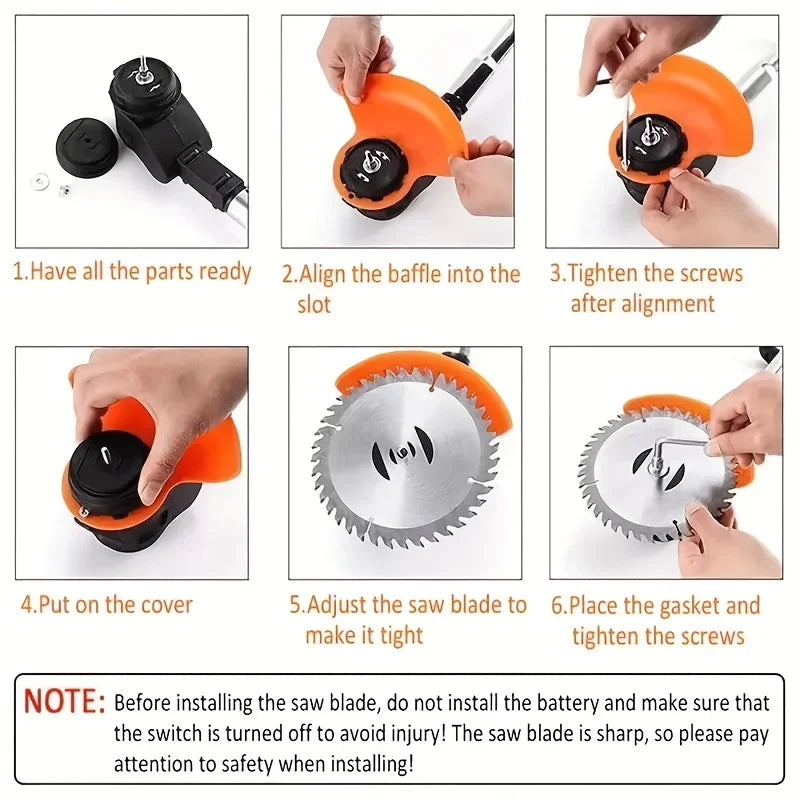 Wireless portable weed trimmer for lawn trimming. The trimmer is equipped with 2 lithium batteries and comes with replaceable blades