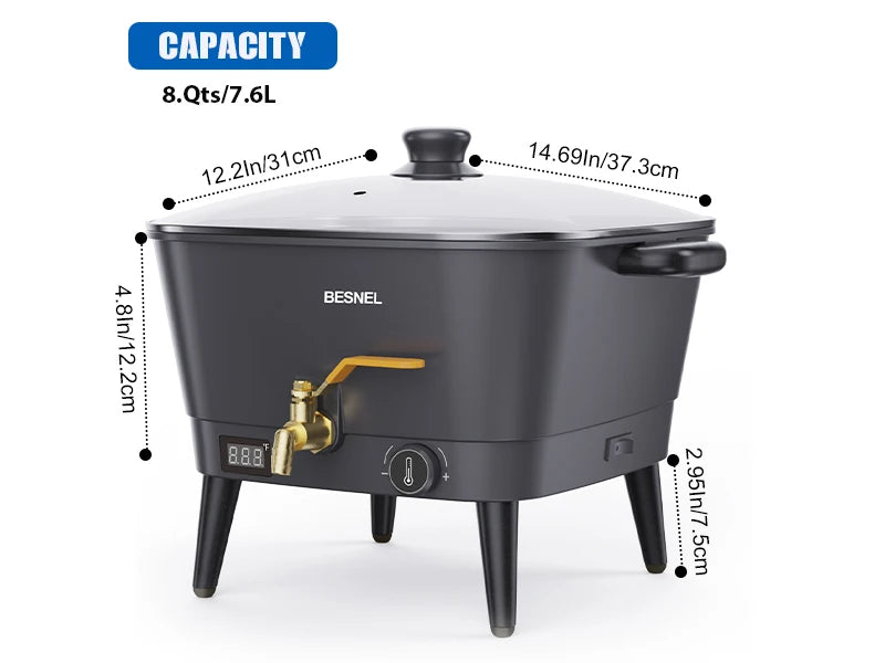 Besnel Wax Melter for Candle Making, Electric Non-Stick Wax Melter Holds 8Qts of Wax, Soy Wax for or Soap Business Candle Making with Heat Resistant Handle & Brass Spout, Temp Control (Black)