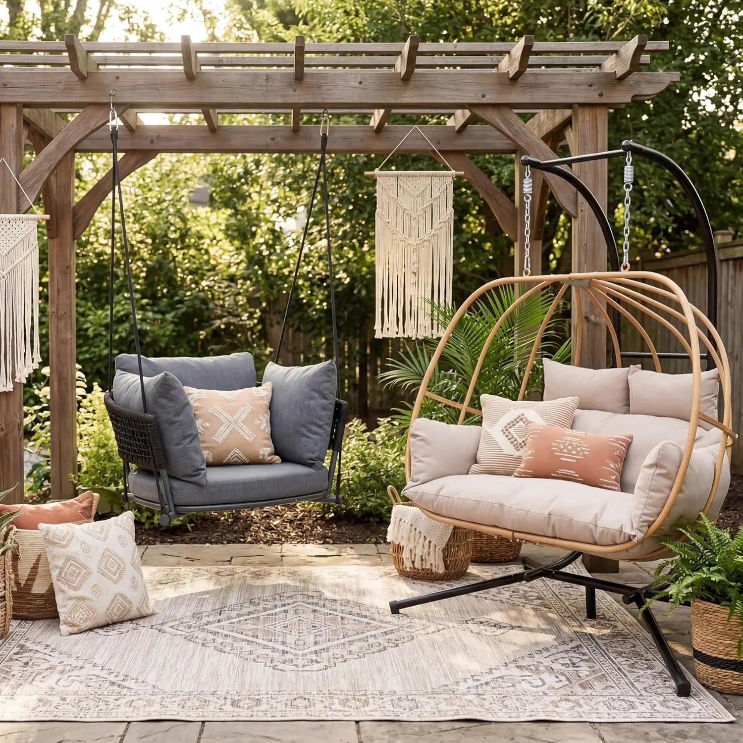 Double Egg Hanging Swing Chair with Stand Cushions Headrest 80"H Metal Basket for Indoor Outdoor Patio Deck Brown, Customized