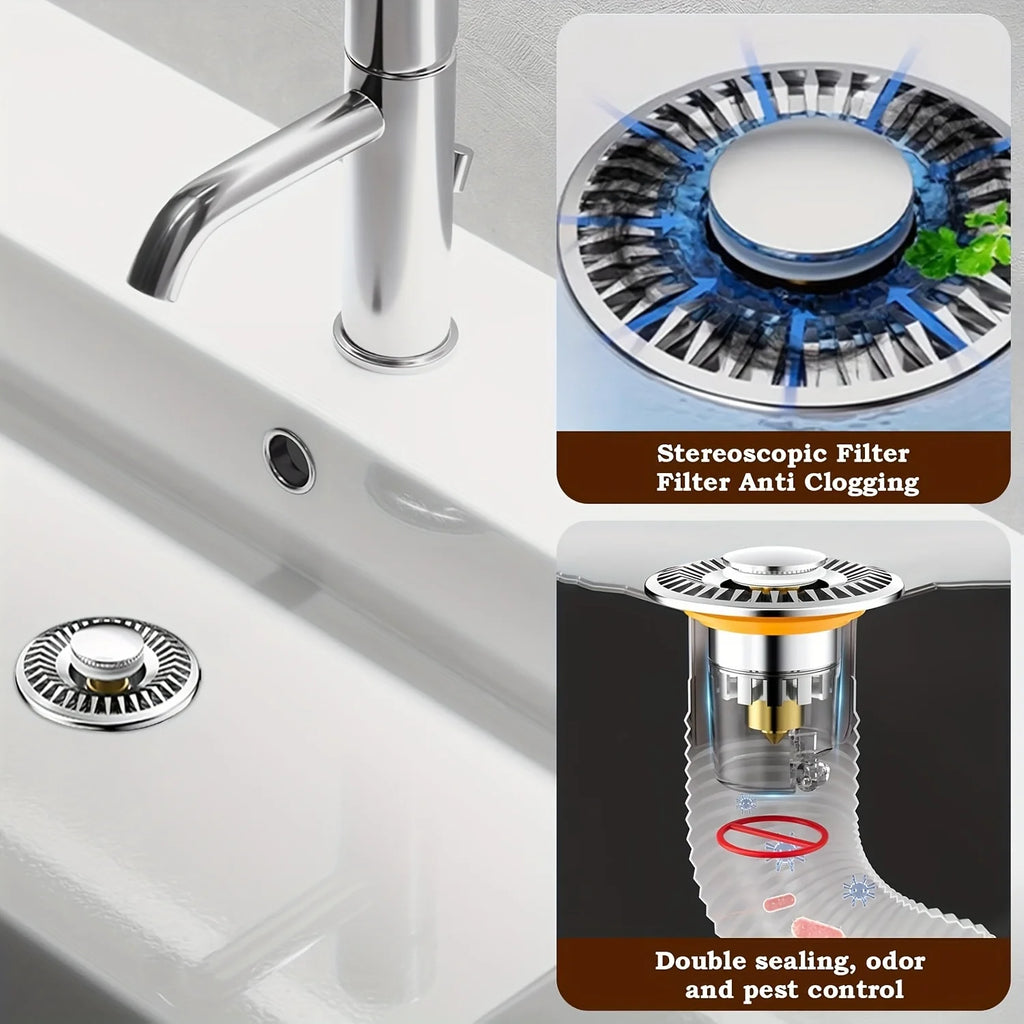 Pop-Up Sink/Tub Stopper, Hair Catcher, Magnetic, Stainless Steel