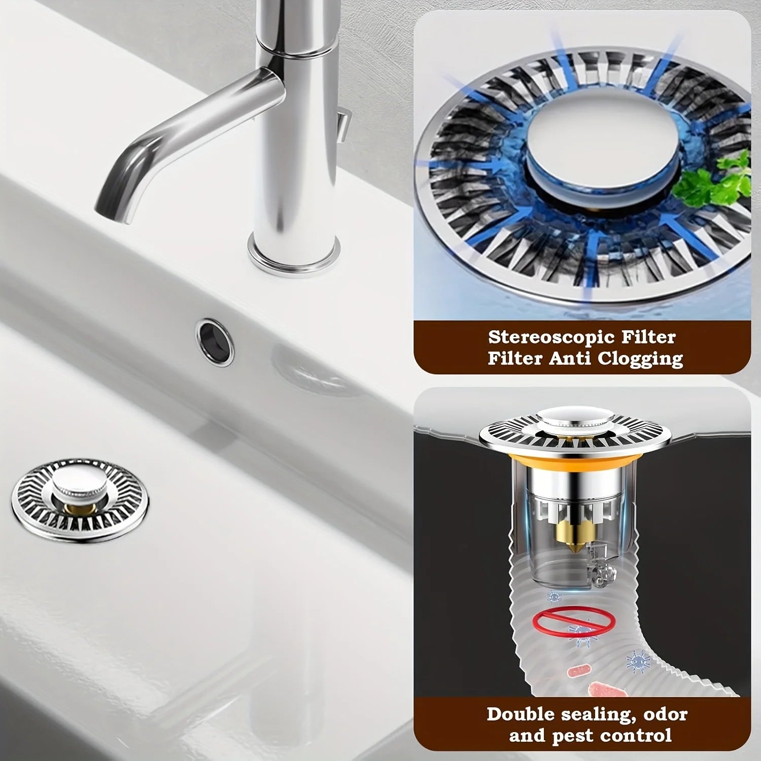 Pop-Up Sink/Tub Stopper, Hair Catcher, Magnetic, Stainless Steel