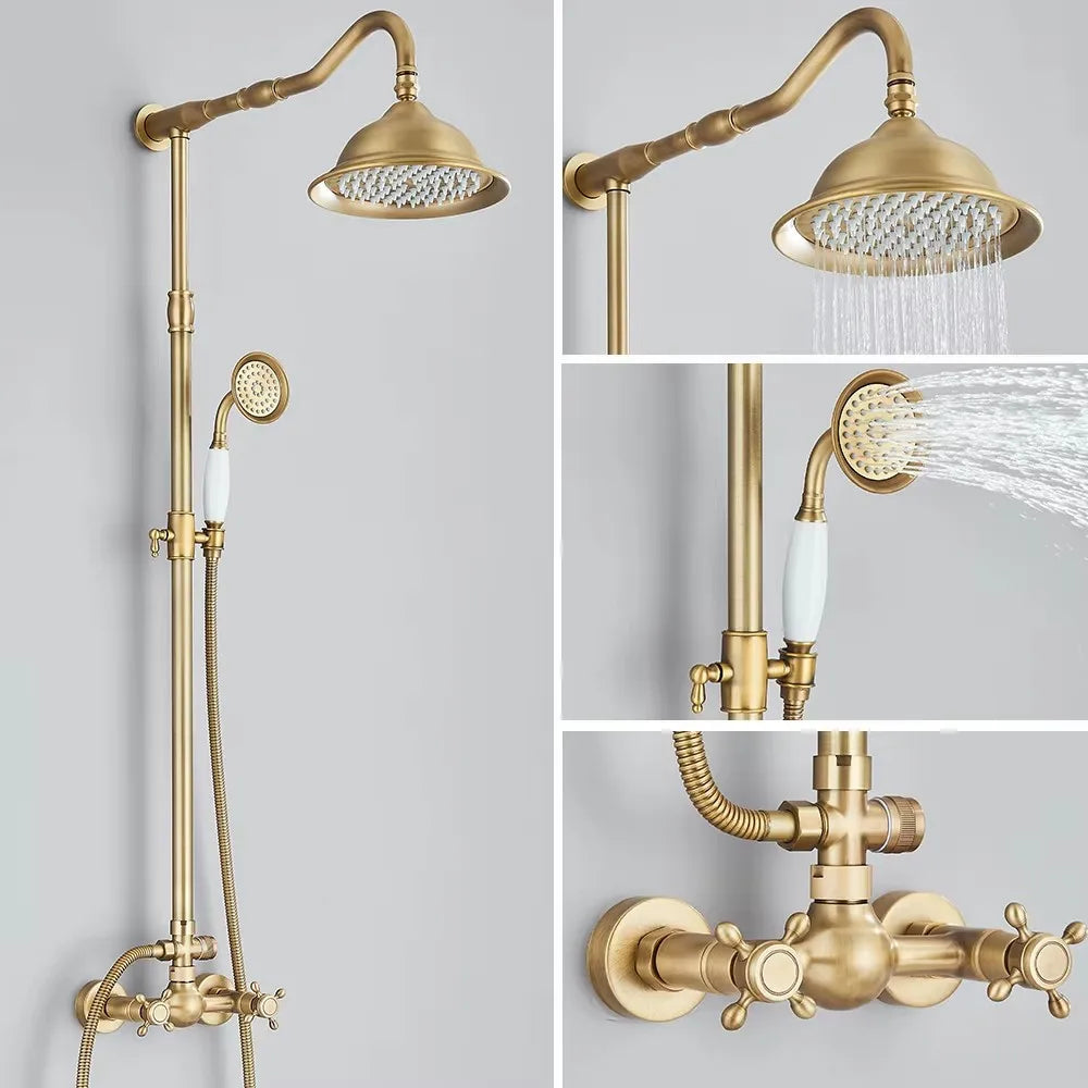 Antique Brass Shower Faucet Set, Rainfall Head Shower, Handheld Shower