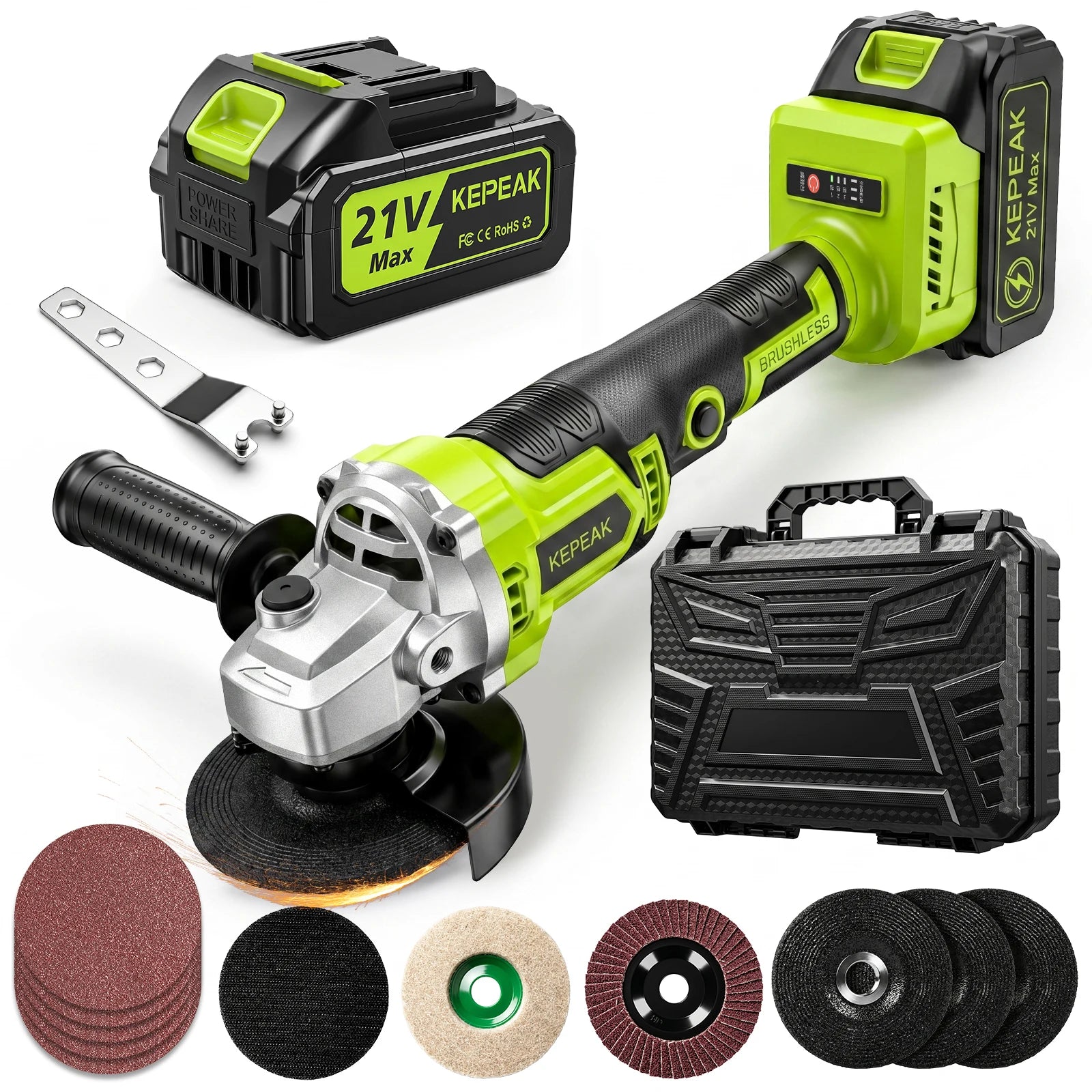 21V Cordless Brushless Angle Grinder 3 Speed 10000RPM Portable Cutting Grinding Polishing Machine With 21V Lithium Battery Fast Charger Hard Storage Box Complete Grinding Discs Set For Metal Wood Stone