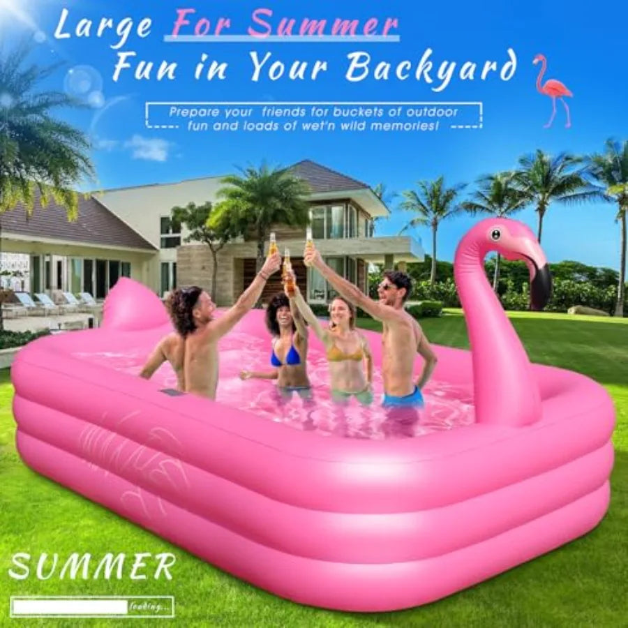 Inflatable Pool with Lights Solar Flamingo Swimming Pool for Backyard Outdoor Use Durable Thickened PVC Bright Pink 100X63X20