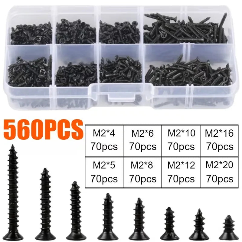 Box of 560 Self-Tapping Wood Screw Set - Includes 8 Different Sizes of M2 Flat Metal Screw Classification Kit