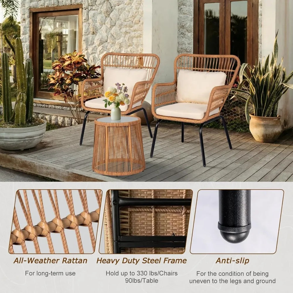 3 Piece Outdoor Wicker Bistro Set, Patio Conversation Set, 2 Large Rattan Chairs W/Tempered Glass Table, Patio Furniture