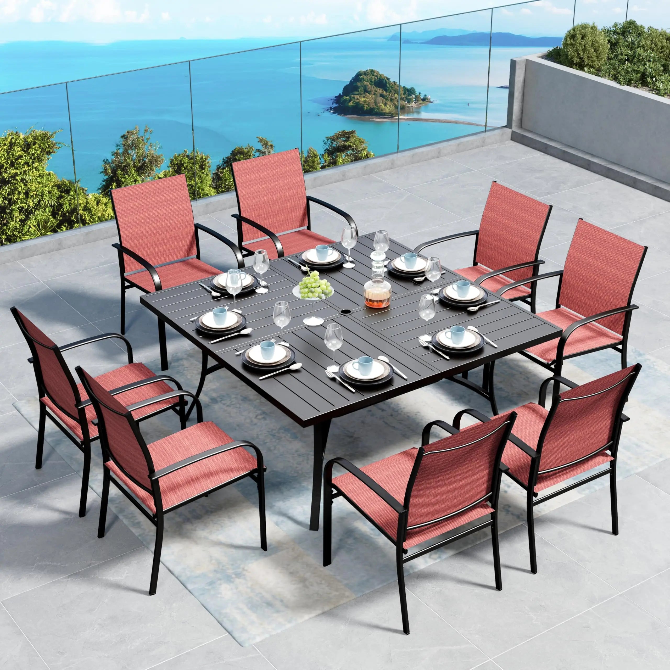 SUNSHINE VALLEY 5/9 Piece Patio Dining Set, Square Table with Umbrella Hole, 4 Metal Brown Chairs, Outdoor Table Chairs Set