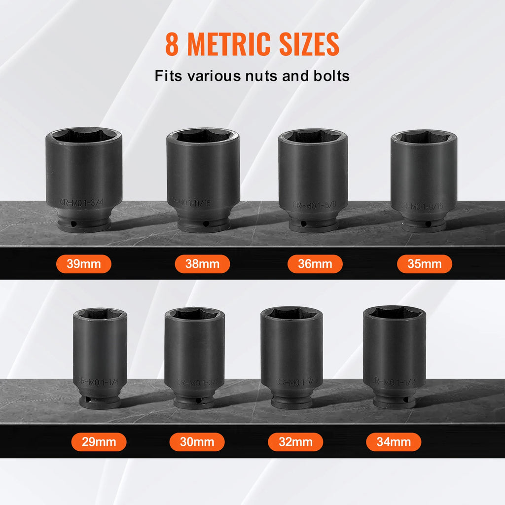 SucceBuy Axle Nut Impact Socket Set, 1/2" Drive, Deep 12-Point, 8-Piece Metric Spindle Nut Socket Set, CR-MO Heat Treated Socket Set