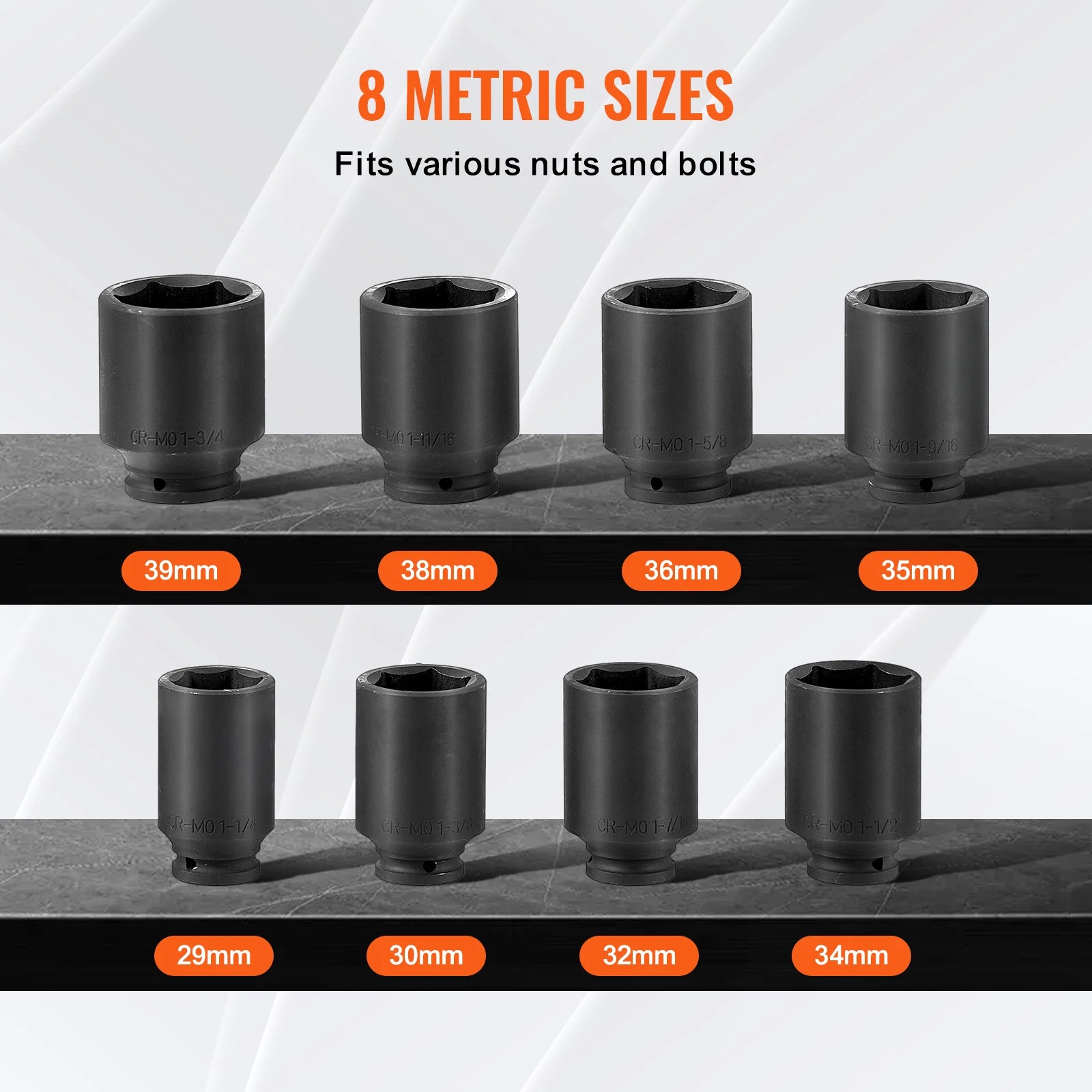 SucceBuy Axle Nut Impact Socket Set, 1/2" Drive, Deep 12-Point, 8-Piece Metric Spindle Nut Socket Set, CR-MO Heat Treated Socket Set